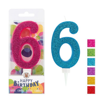Świeczka urodzinowa TRENDHAUS Birthday Fun maxi, brokatowa, cyfra 6, mix kolorów