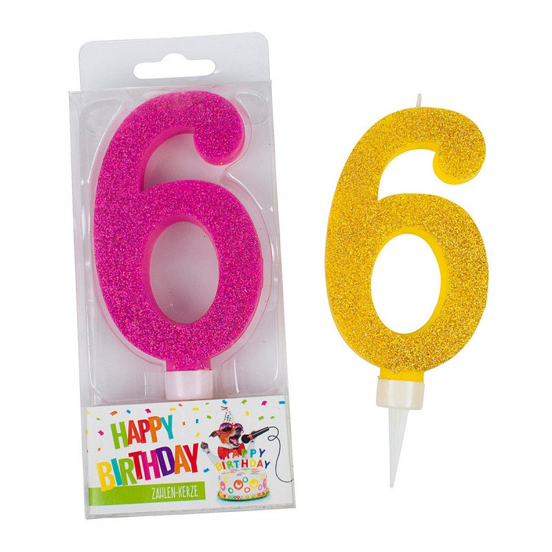 Świeczka urodzinowa TRENDHAUS Birthday Fun maxi, brokatowa, cyfra 6, mix kolorów
