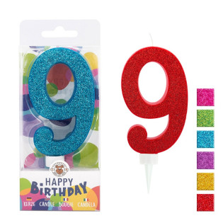 Świeczka urodzinowa TRENDHAUS Birthday Fun maxi, brokatowa, cyfra 9, mix kolorów