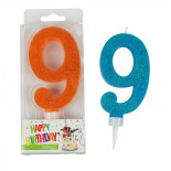Świeczka urodzinowa TRENDHAUS Birthday Fun maxi, brokatowa, cyfra 9, mix kolorów