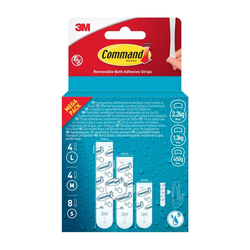Wodoodporne paski samoprzylepne COMMAND™ (17200B), wymienne, 4 duże + 4 średnie + 8 małych, transparentne