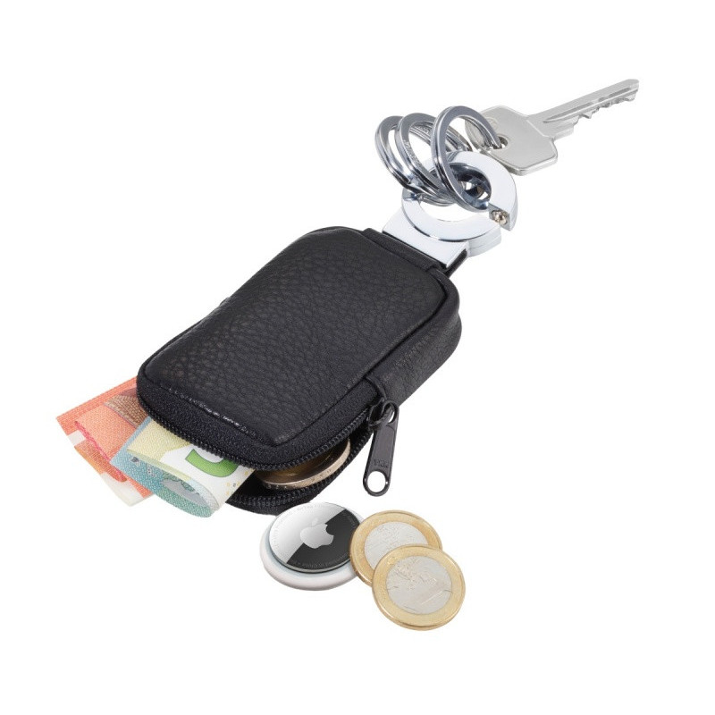 Brelok TROIKA Pocket Click, 3 kółka do kluczy, etui na monety na suwak, czarna skóra