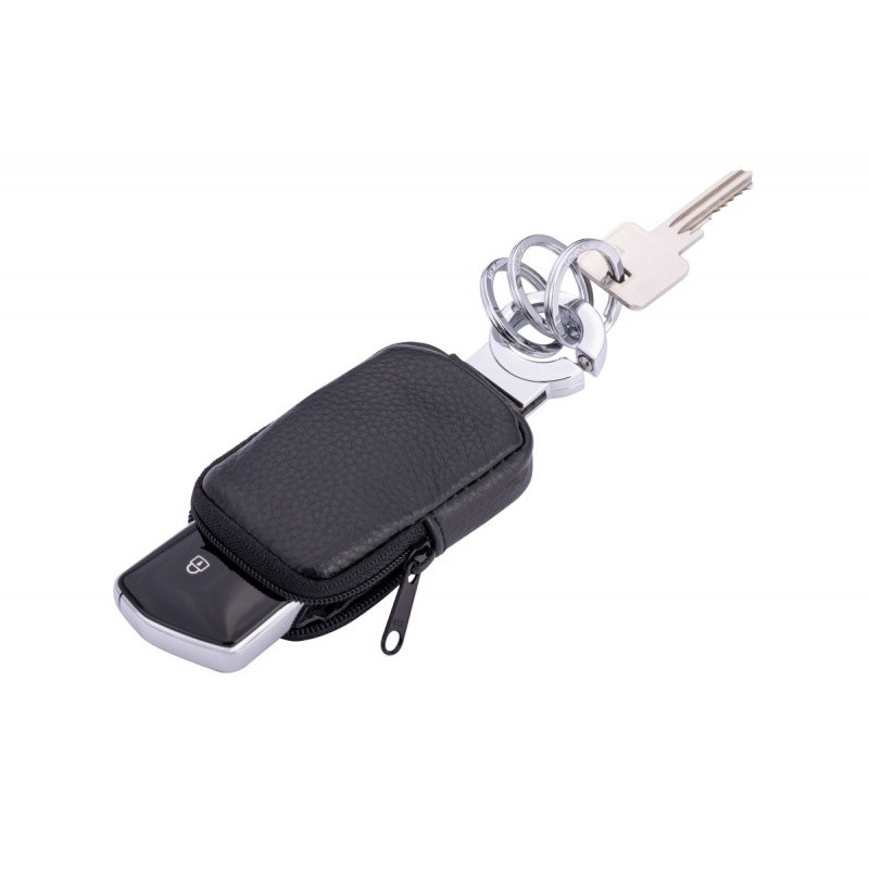 Brelok TROIKA Pocket Click, 3 kółka do kluczy, etui na monety na suwak, czarna skóra