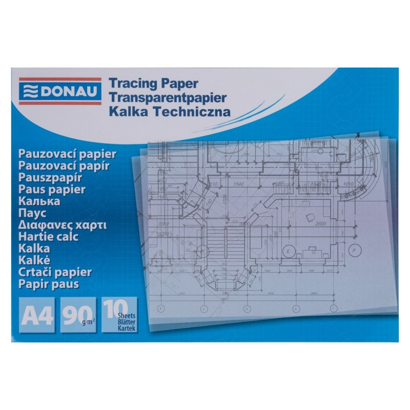 Kalka techniczna DONAU, A4, 10 arkuszy, 90gsm, transparentna