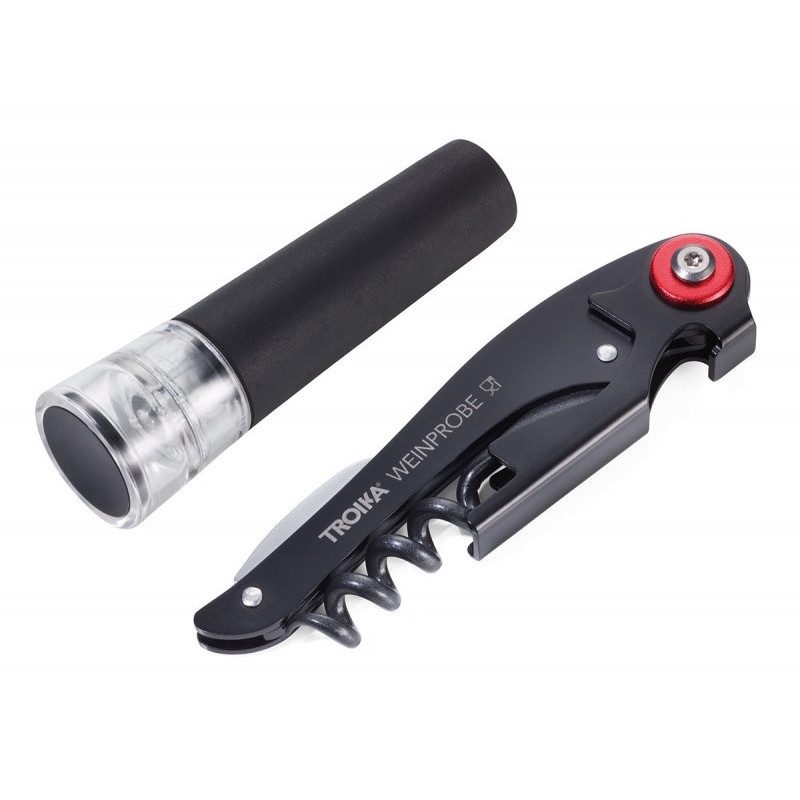 Zestaw do wina TROIKA Weinprobe, korkociąg + nożyk + zatyczka, czarny