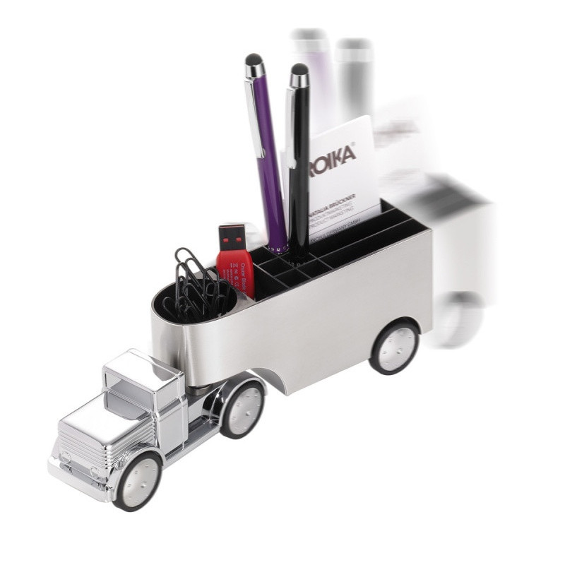 Przybornik na biurko TROIKA Office Trucker, ciężarówka, chromowany, szary