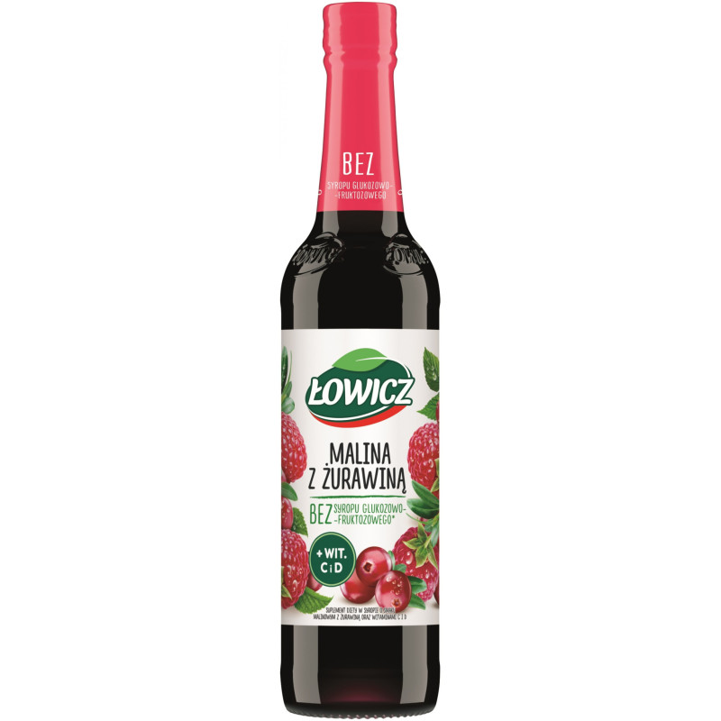 Syrop owocowy ŁOWICZ, malina z żurawiną, 400ml, krótki termin ważności