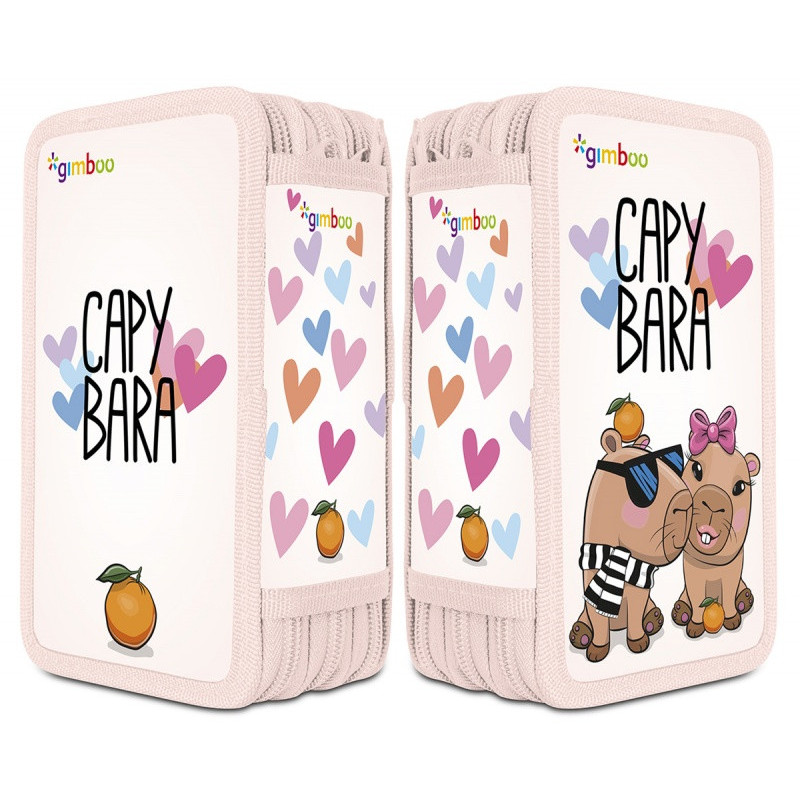 Piórnik szkolny GIMBOO, z wyposażeniem, 3 komory, Kapibara 2025, różowy