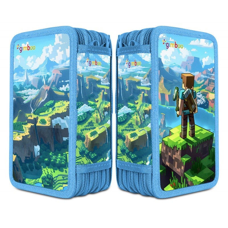 Piórnik szkolny GIMBOO, z wyposażeniem, 3 komory, Klocki 2025, niebieski