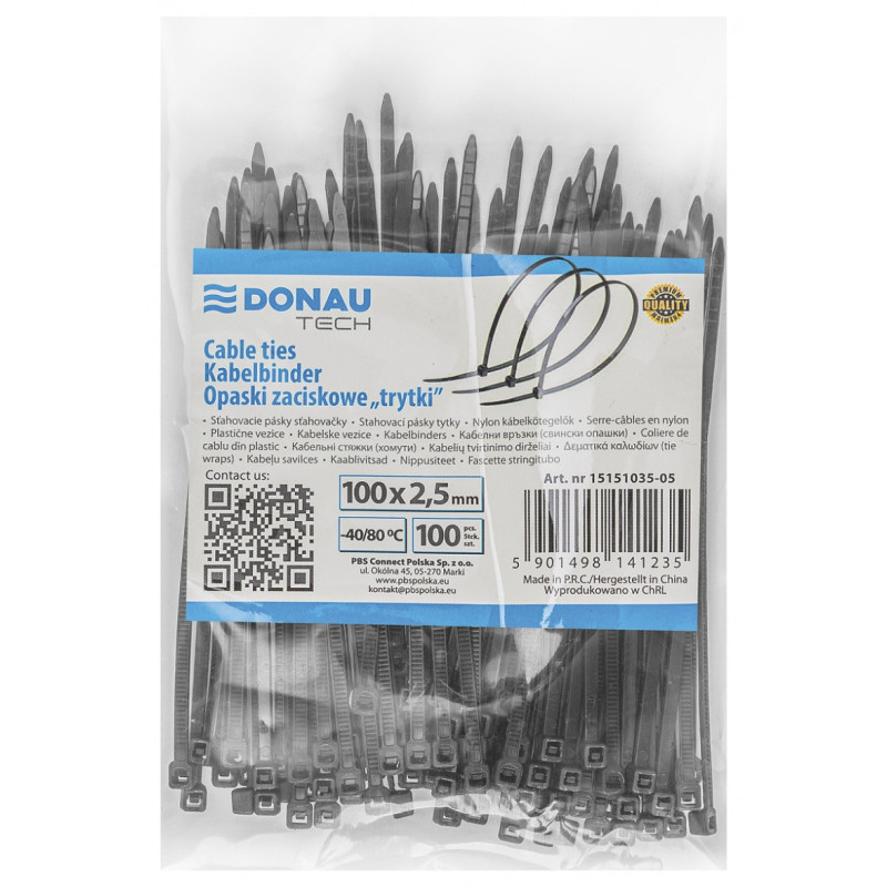 Opaski zaciskowe/trytytki DONAU TECH, 100x2,5mm, 100szt., temp. -40/80, czarne