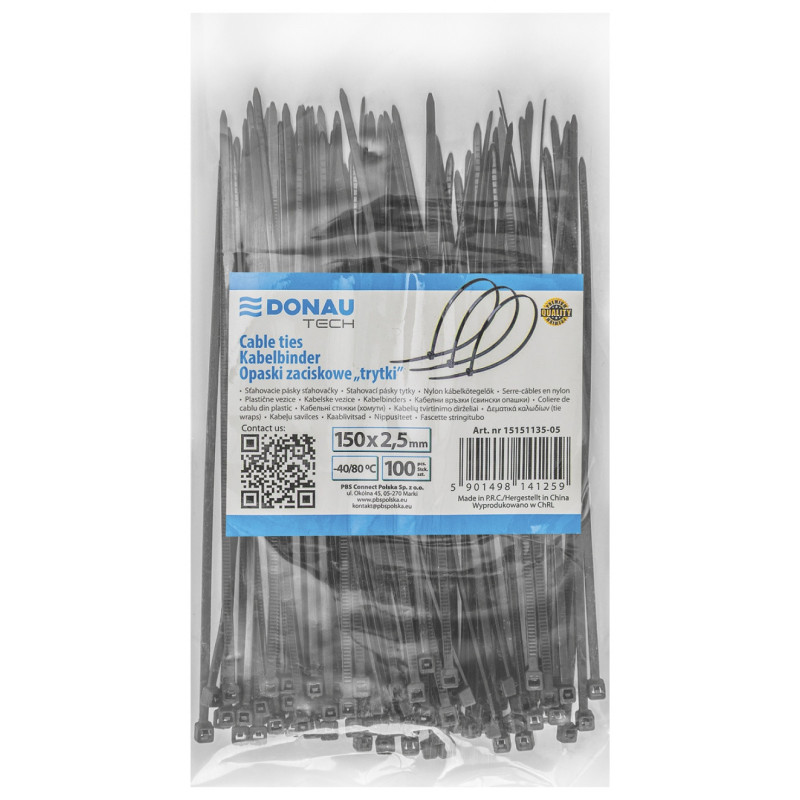 Opaski zaciskowe/trytytki DONAU TECH, 150x2,5mm, 100szt., temp. -40/80, czarne