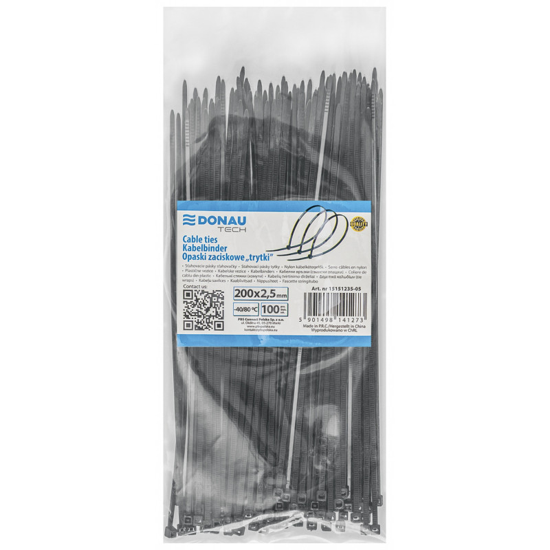 Opaski zaciskowe/trytytki DONAU TECH, 200x2,5mm, 100szt., temp. -40/80, czarne
