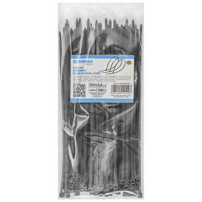 Opaski zaciskowe/trytytki DONAU TECH, 200x3,6mm, 100szt., temp. -40/80, czarne