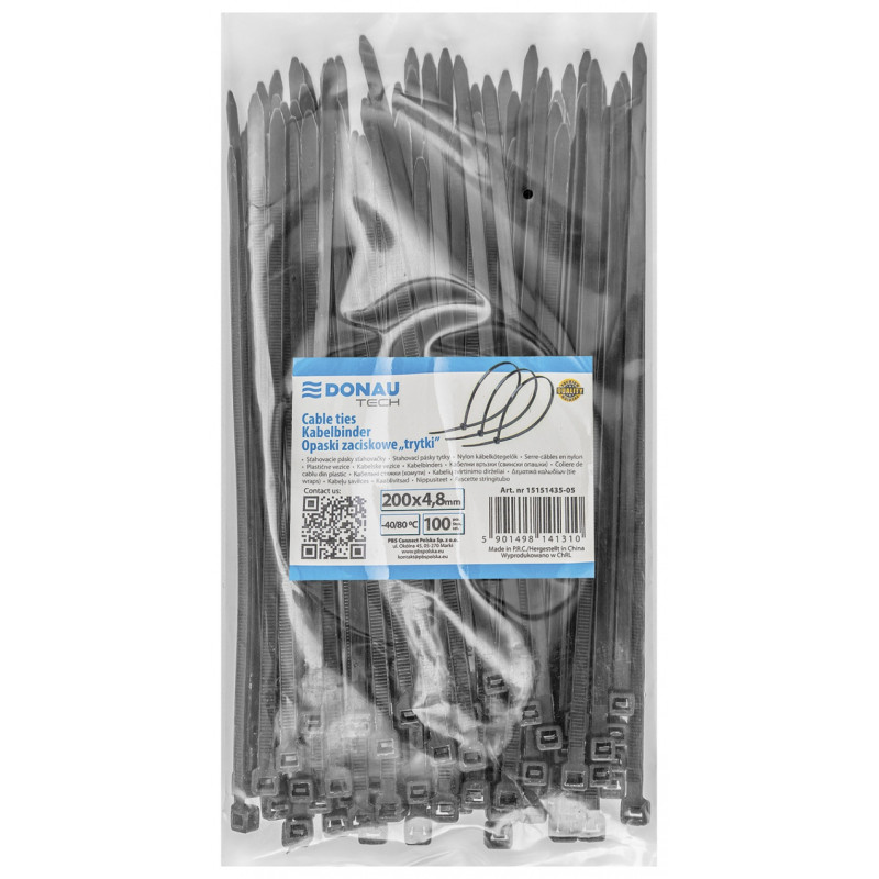 Opaski zaciskowe/trytytki DONAU TECH, 200x4,8mm, 100szt., temp. -40/80, czarne