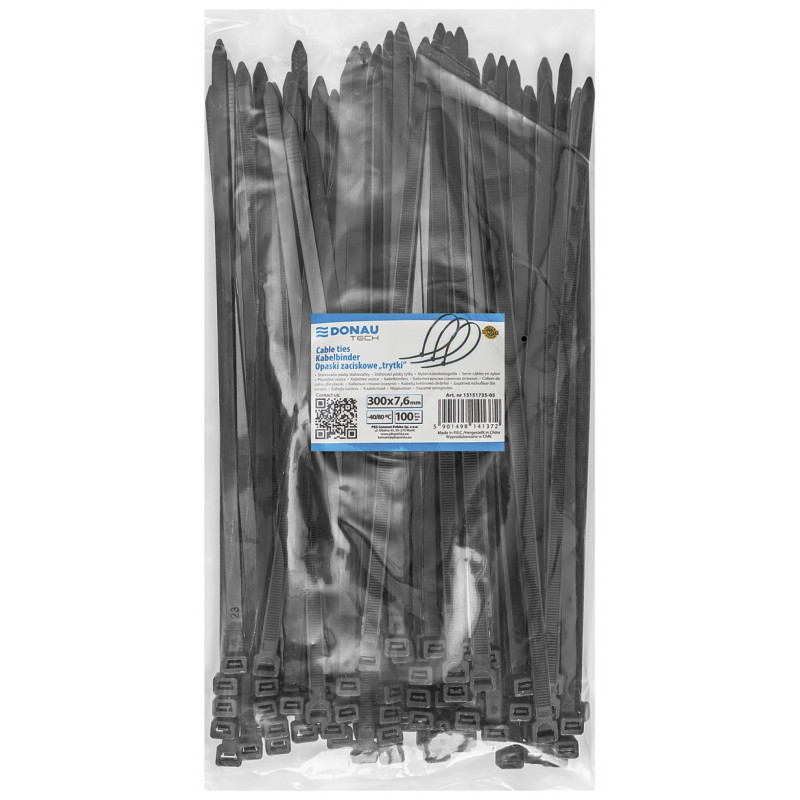 Opaski zaciskowe/trytytki DONAU TECH, 300x7,6mm, 100szt., temp. -40/80, czarne
