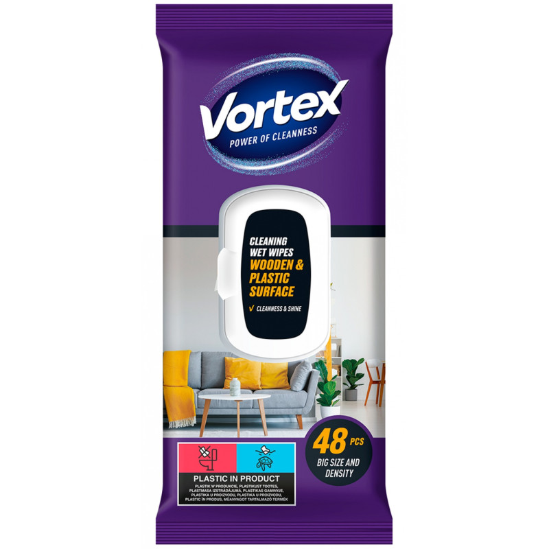 Chusteczki nawilżane VORTEX, do mebli, z klapką, 48 szt.