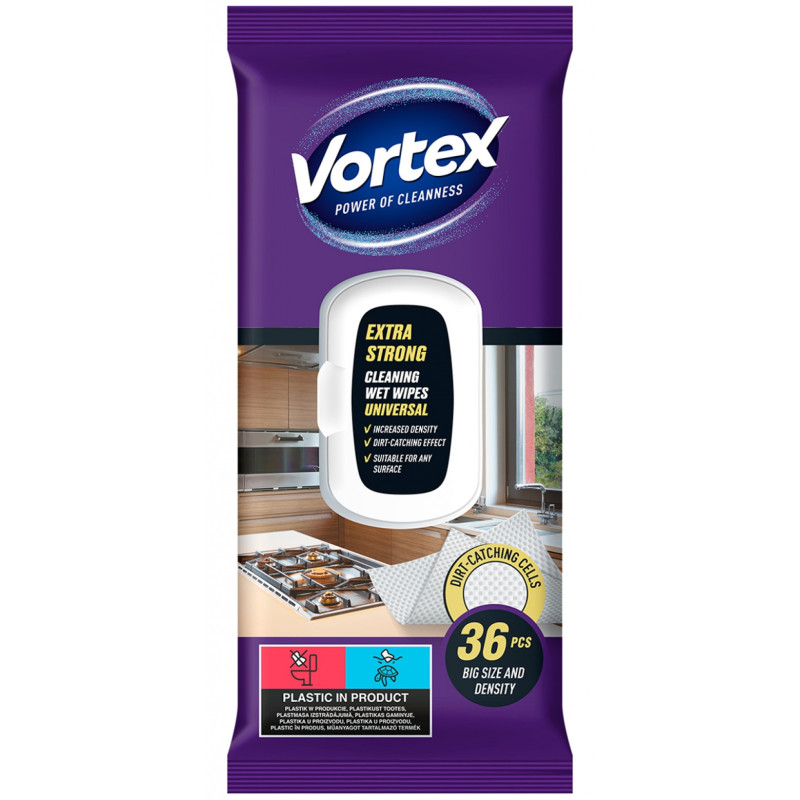 Chusteczki nawilżane VORTEX, uniwersalne, extra strong, z klapką, 36 szt.