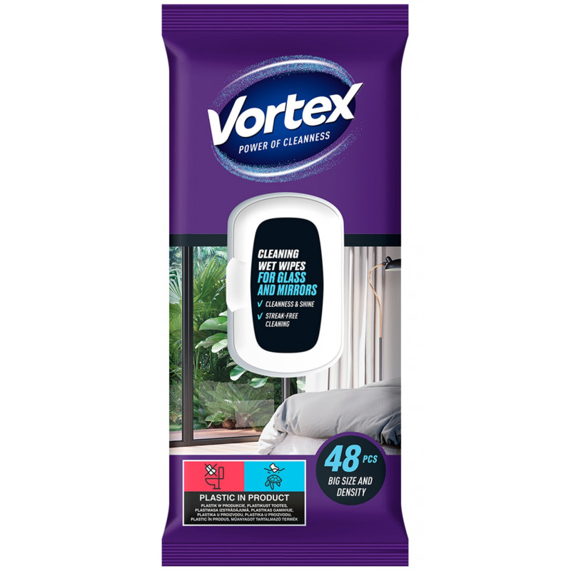 Chusteczki nawilżane VORTEX, do szyb i luster, z klapką, 48 szt.