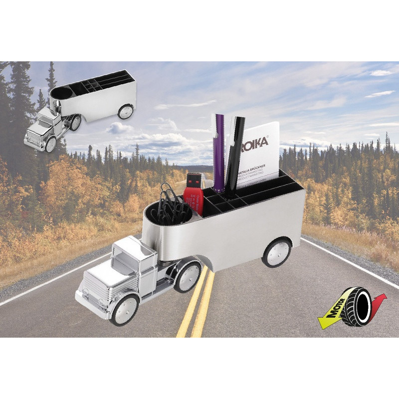 Przybornik na biurko TROIKA Office Trucker, ciężarówka, chromowany, szary