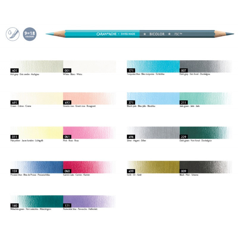 Kredki CARAN D'ACHE XMAS25 Alpine Frost Bicolor, 9 szt., pędzelek, w pudełku, mix kolorów