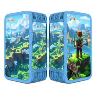 Piórnik szkolny GIMBOO, z wyposażeniem, 3 komory, Klocki 2025, niebieski