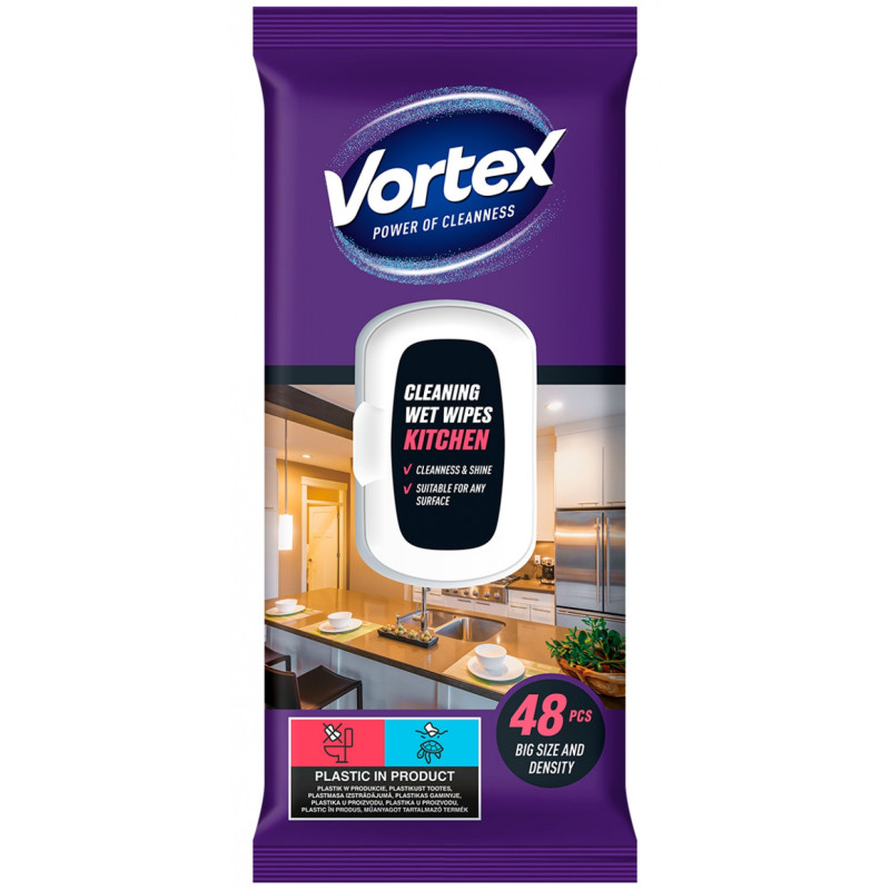 Chusteczki nawilżane VORTEX, do kuchni, z klapką, 48 szt.