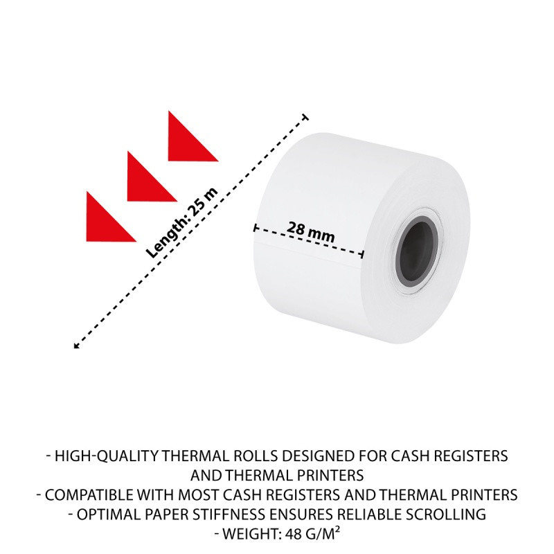 Rolki termiczne OFFICE PRODUCTS, 28mm x 25m, gr. 48 +/- 6, 10 szt., białe