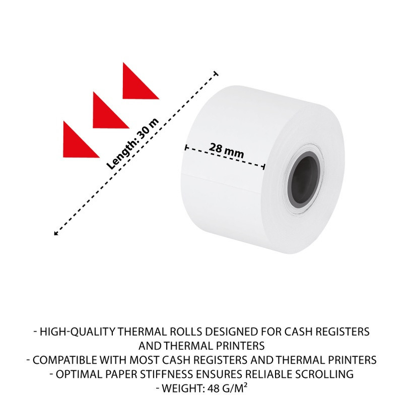 Rolki termiczne OFFICE PRODUCTS, 28mm x 30m, gr. 48 +/- 6, 10 szt., białe