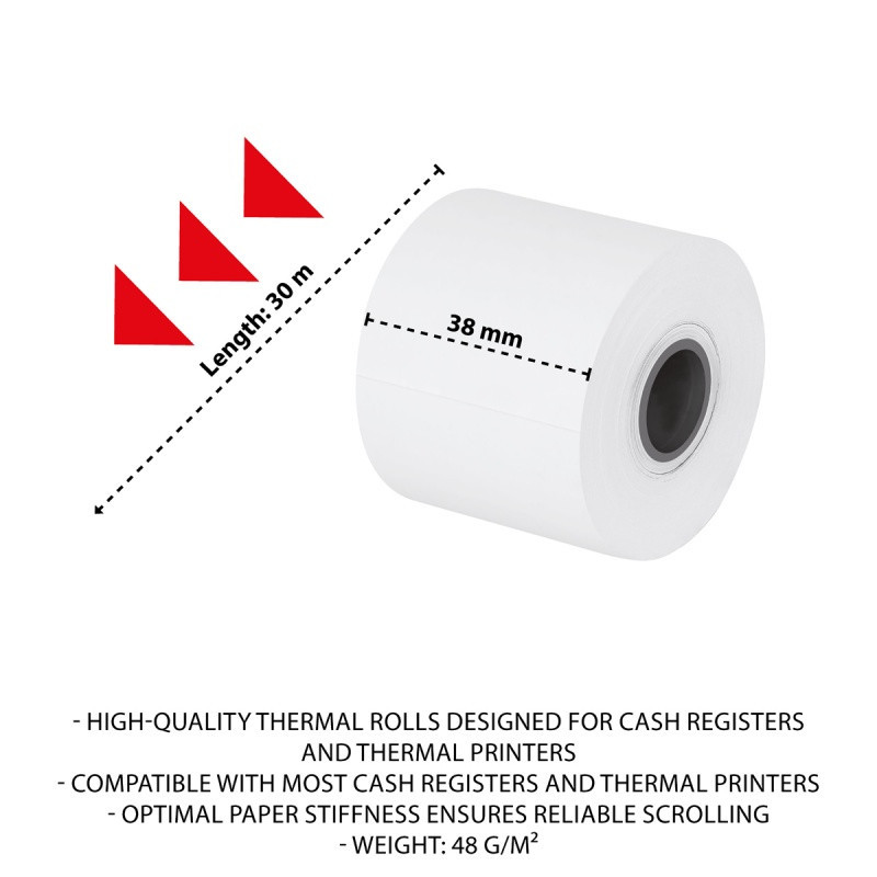 Rolki termiczne OFFICE PRODUCTS, 38mm x 30m, gr. 48 +/- 6, 10 szt., białe