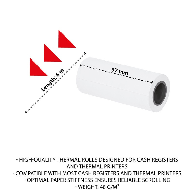 Rolki termiczne OFFICE PRODUCTS, 57mm x 6m, gr. 48 +/- 6, 72 szt., białe