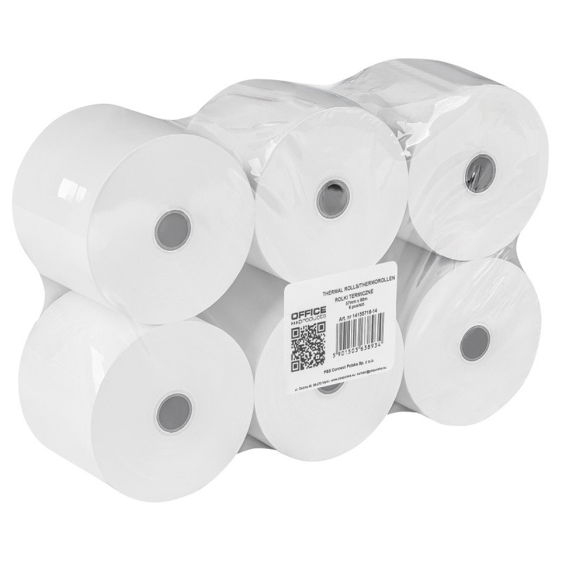 Rolki termiczne OFFICE PRODUCTS, 57mm x 80m, gr. 48 +/- 6, 6 szt., białe