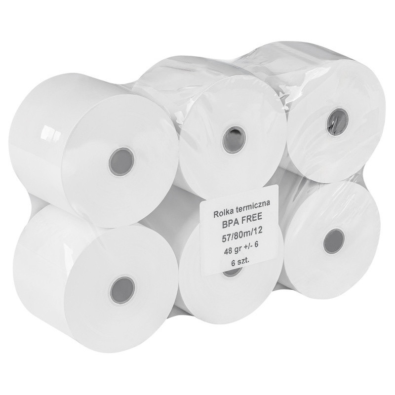 Rolki termiczne OFFICE PRODUCTS, 57mm x 80m, gr. 48 +/- 6, 6 szt., białe