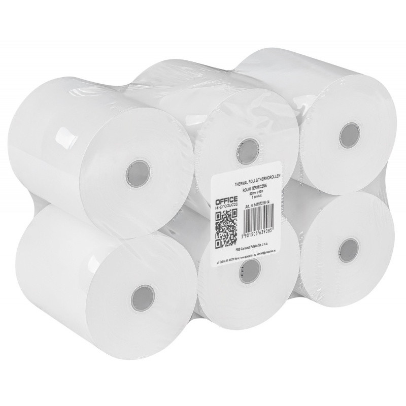 Rolki termiczne OFFICE PRODUCTS, 80mm x 90m, gr. 48 +/- 6, 6 szt., białe