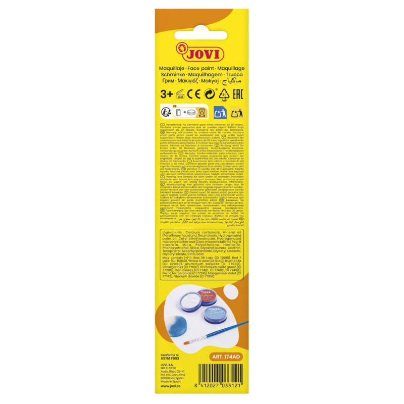 Farby do malowania twarzy JOVI Adventure, 3x8ml, z pędzelkiem i gąbką, mix kolorów