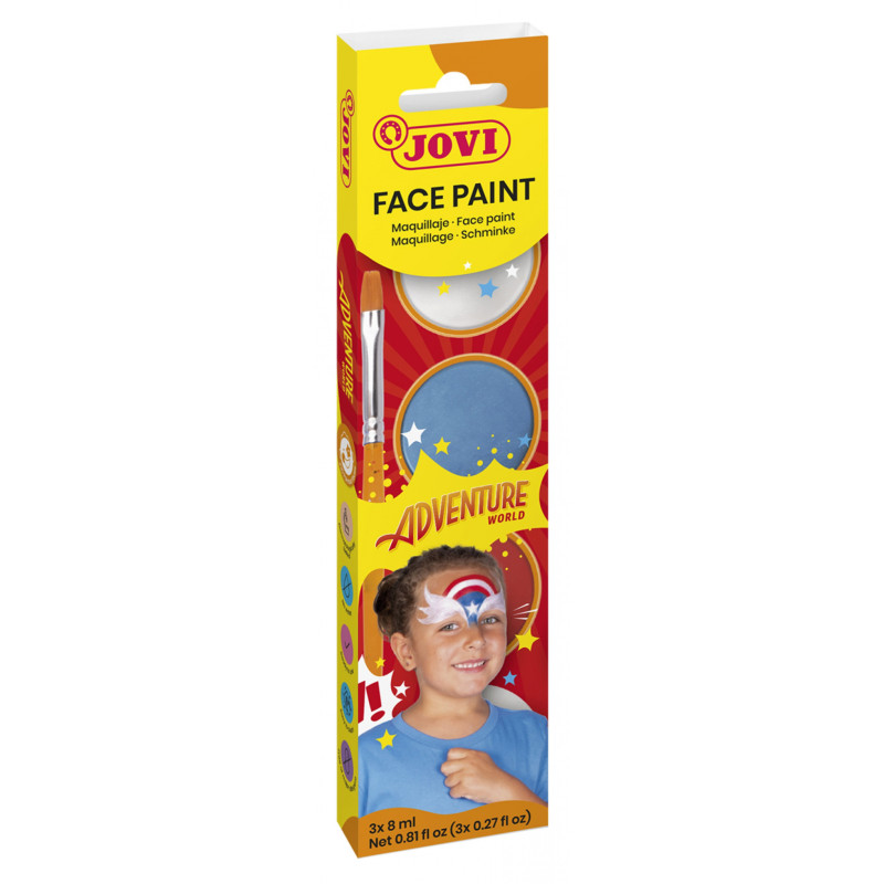 Farby do malowania twarzy JOVI Adventure, 3x8ml, z pędzelkiem i gąbką, mix kolorów