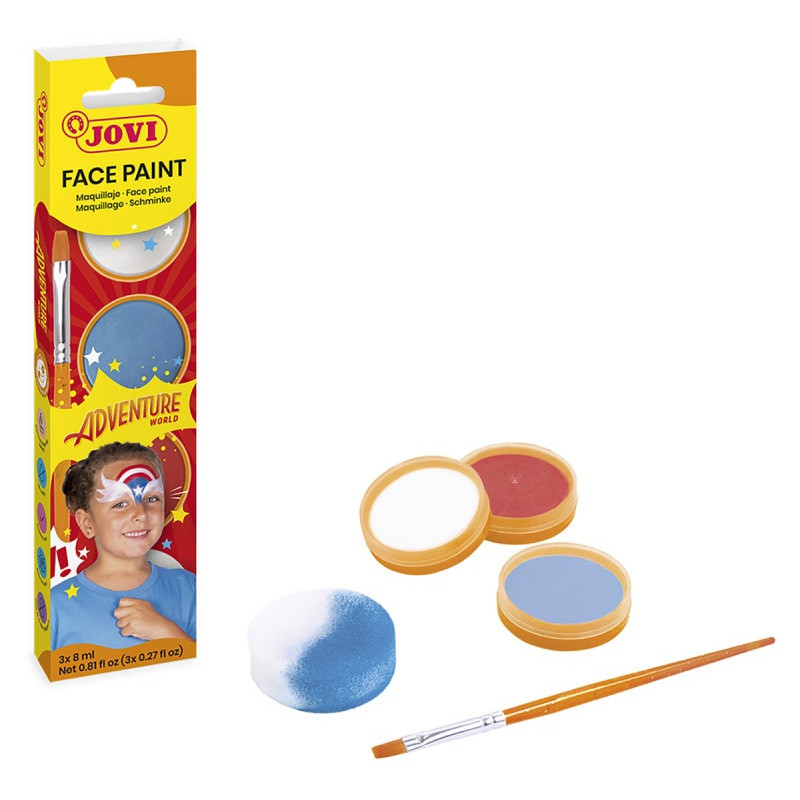 Farby do malowania twarzy JOVI Adventure, 3x8ml, z pędzelkiem i gąbką, mix kolorów