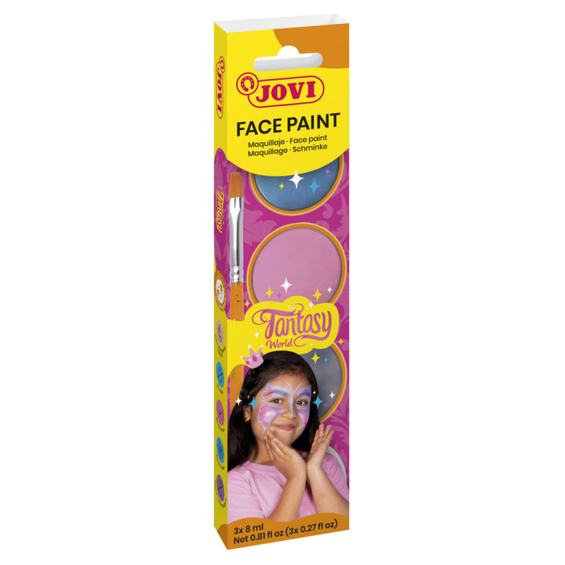 Farby do malowania twarzy JOVI Fantasy, 3x8ml, z pędzelkiem i gąbką, mix kolorów
