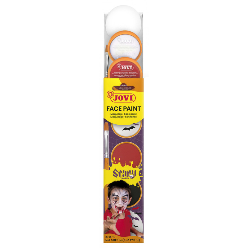 Farby do malowania twarzy JOVI Scary, 3x8ml, z pędzelkiem i gąbką, mix kolorów