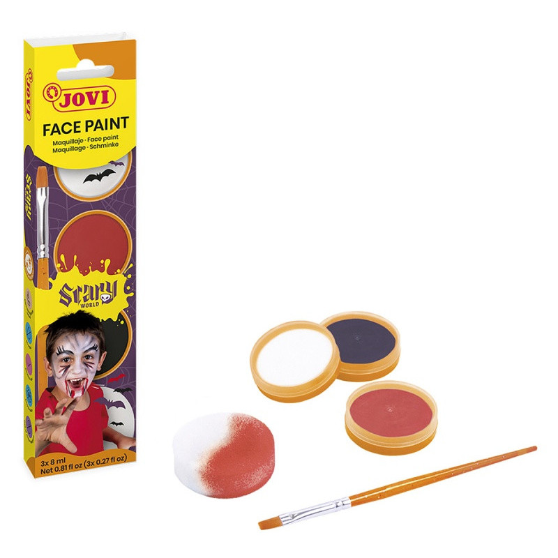 Farby do malowania twarzy JOVI Scary, 3x8ml, z pędzelkiem i gąbką, mix kolorów