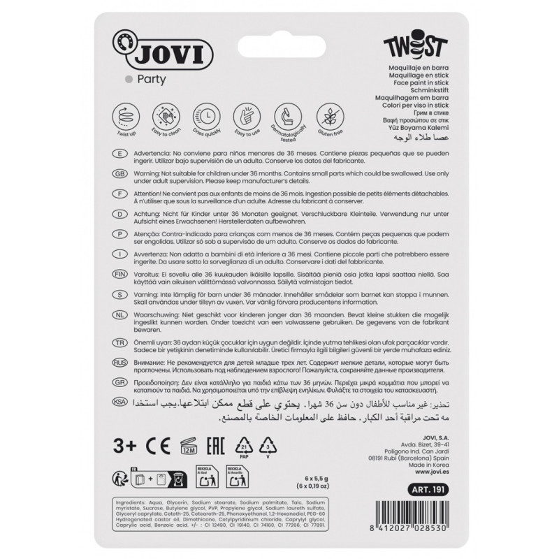 Farby do malowania twarzy JOVI, w sztyfcie, ze skuwką, 6 szt., mix kolorów