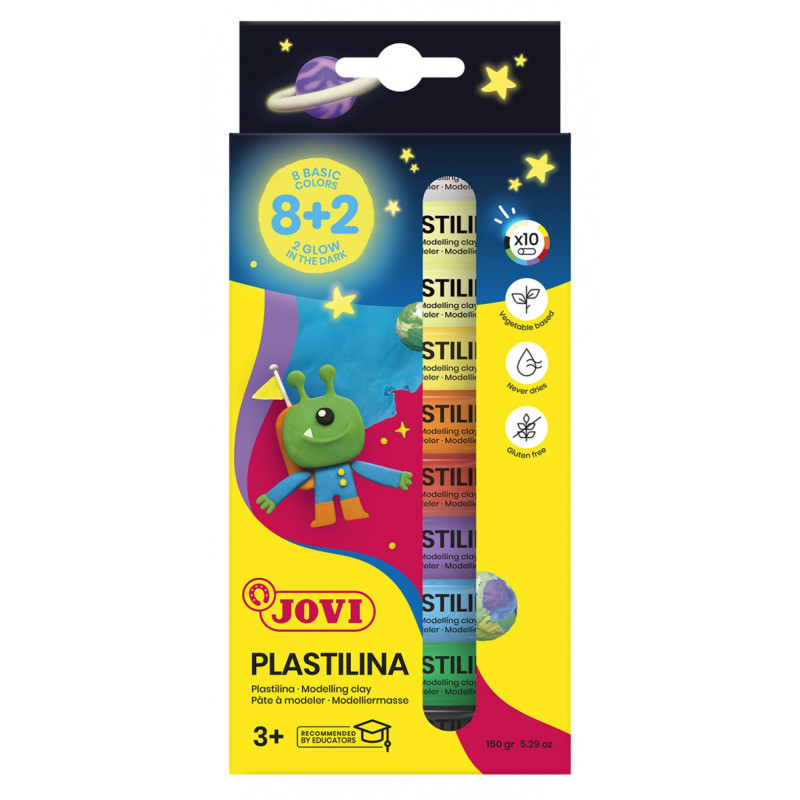 Zestaw plasteliny JOVI, 10x15g, 8 kolorów basic + 2 świecące w ciemności, mix kolorów