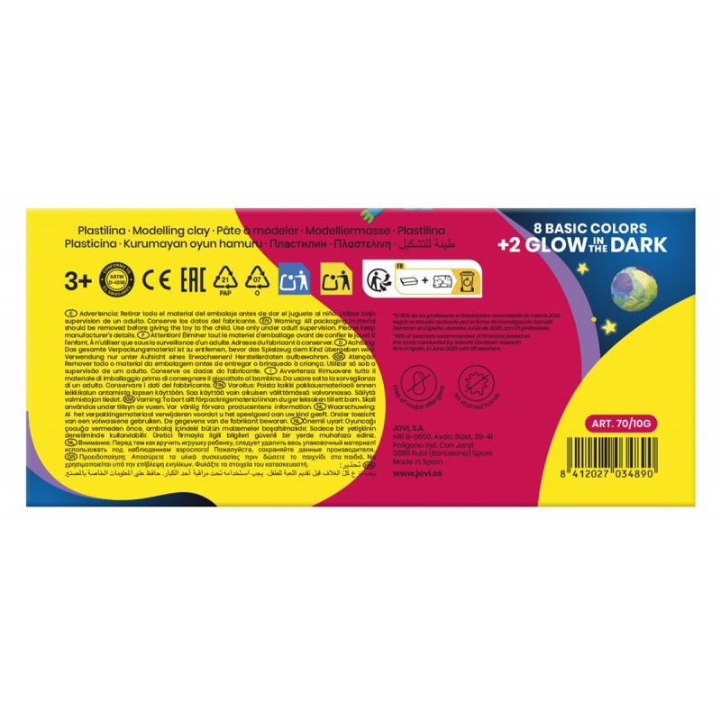 Zestaw plasteliny JOVI, 10x50g, 8 kolorów basic + 2 świecące w ciemności, mix kolorów
