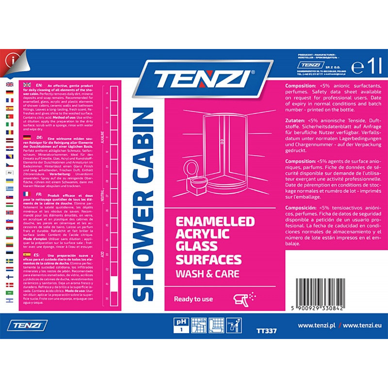 Środek do czyszczenia kabin prysznicowych TENZI, anglojęzyczna etykieta, 1l