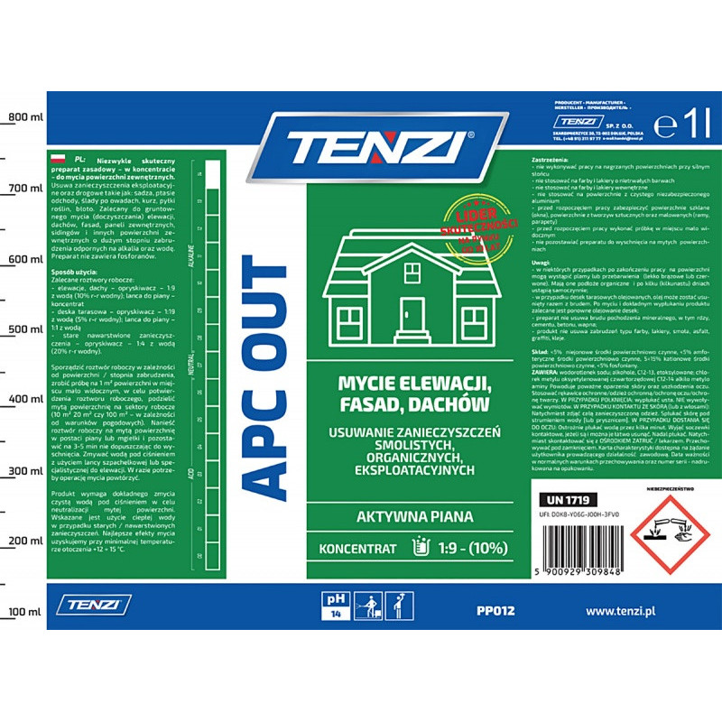 Koncentrat do mycia fasad, elewacji, tarasów TENZI, Apc Out, 1l