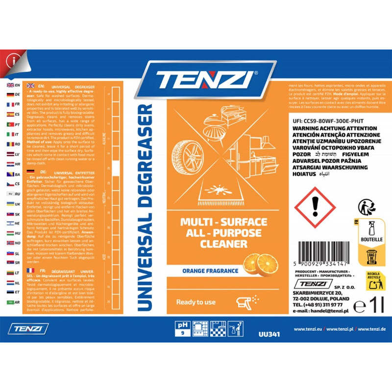 Uniwersalny preparat do usuwania tłuszczu TENZI, zapach pomarańczy, anglojęzyczna etykieta, 1l