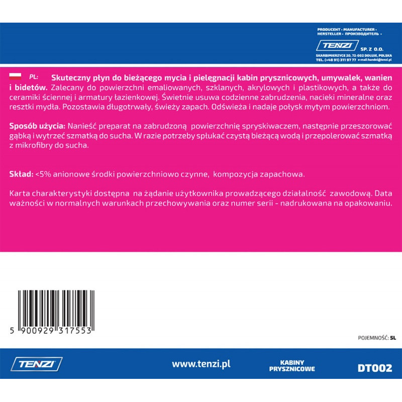 Środek do czyszczenia kabin prysznicowych TENZI, 2l