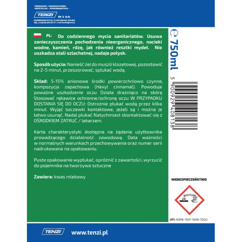 Żel do mycia i sanifakcji sanitariatów TENZI, 0,75l