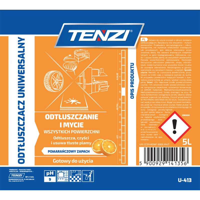 Uniwersalny preparat do usuwania tłuszczu TENZI, zapach pomarańczy, 5l