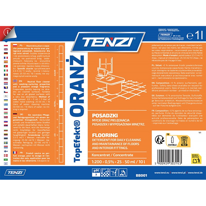 Neutralny płyn do mycia posadzek TENZI, Topefekt, zapach pomarańczy, Oranż, 1l