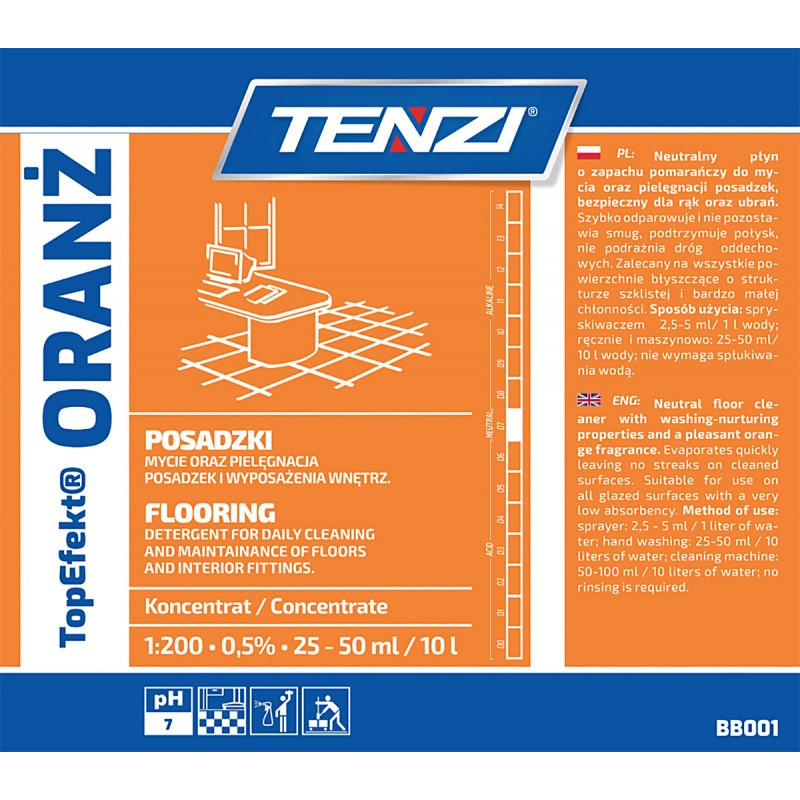 Neutralny płyn do mycia posadzek TENZI, Topefekt, zapach pomarańczy, Oranż, 5l